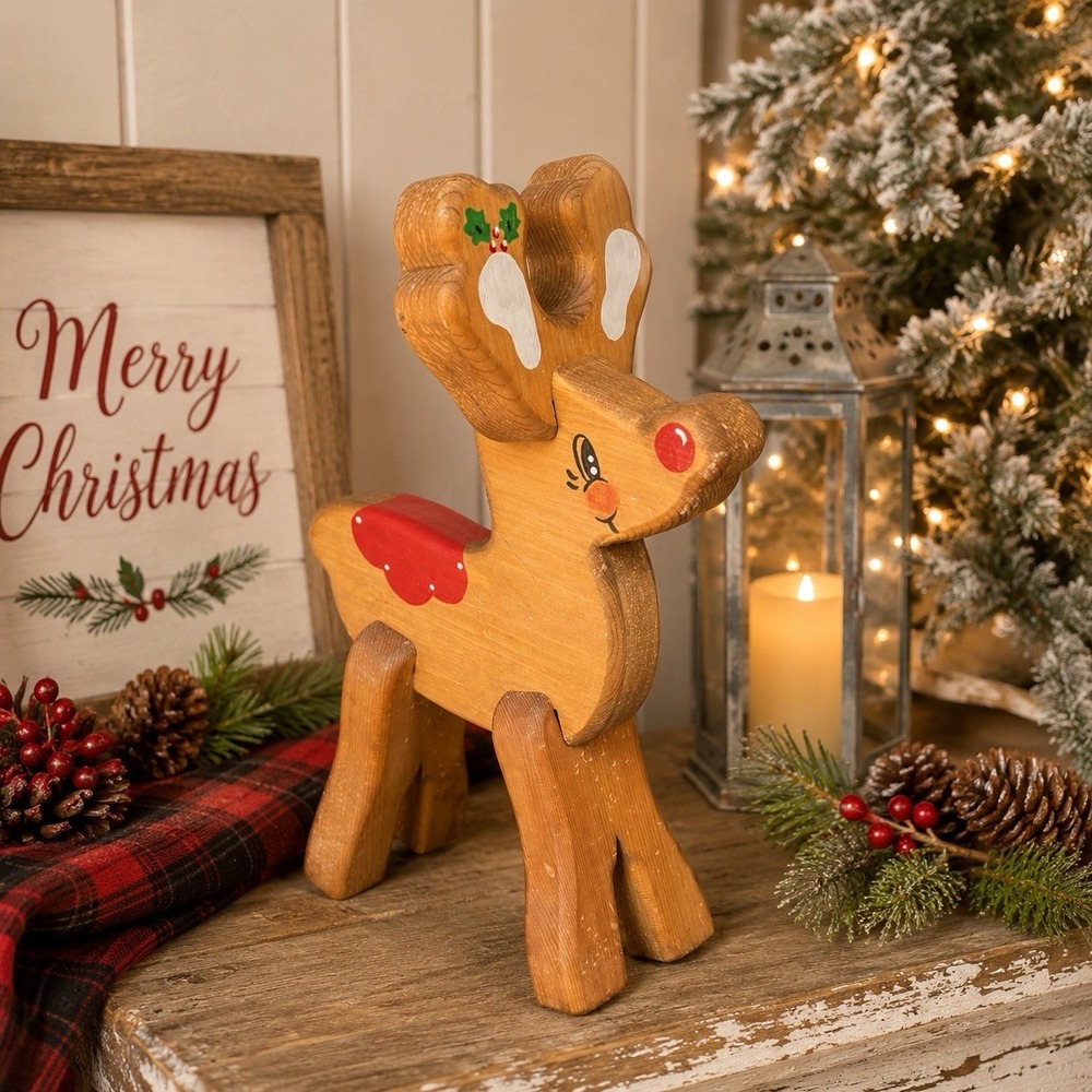 VTG Handmade Wooden Reindeer 16.5" 4 Pc Interlocking Christmas Decor Rustic